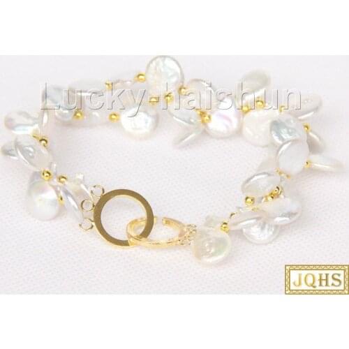 Luster 8" 2row 11mm natural coin white freshwater pearls bracelet j9854