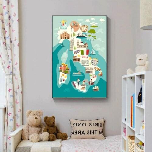 Blue Map of Italy Adventure Europe Modern Canvas Painting on Wall Printing Oil Posters for Kid Bedroom Home Decoration Cuadros