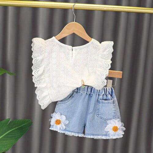 Girl Clothing Sets Newborn Baby Flowers Hollow Vest And Denim Shorts 2pcs Outfis Fashion Toddler Girl Sleeveless Holidays Suits
