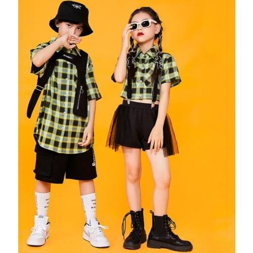 Hip Hop Costumes Boys Green Plaid Shirt Girls Jazz Dancing Show Outfits Kids Catwalk Cheerleading Dance Clothes Wear DNV15088