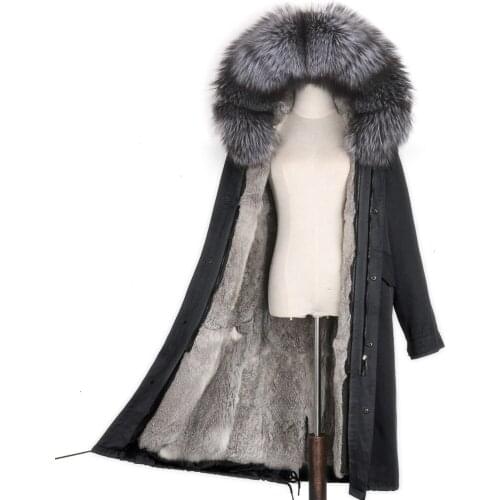 2021 Casual women X-long waterproof jacket natural raccoon fur collar hooded real rex rabbit fur liner woman winter streetwear