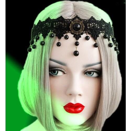 Fashion Black Lace Beads Pendant Elastic Hair Headband Garland Decor