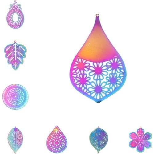 Stainless Steel Filigree Stamping Pendants Leaf Purple & Blue 42mm x 25mm, 10 PCs
