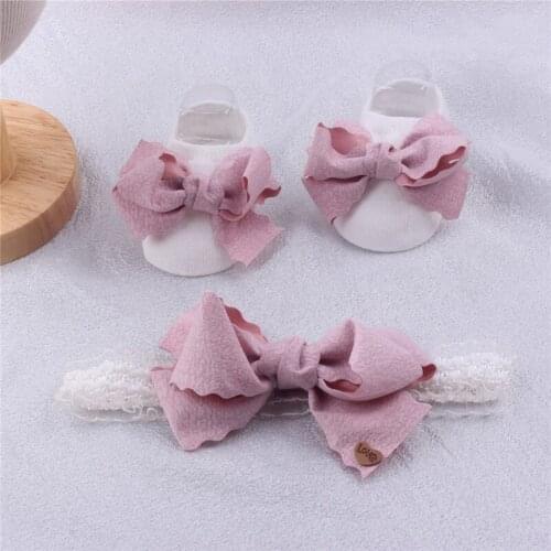2Pcs Baby Socks Headband Set Flower Printed Newborn Girl Socks With Rubber Soles Bows Anti Slip Infant Toddler Short Floor Socks