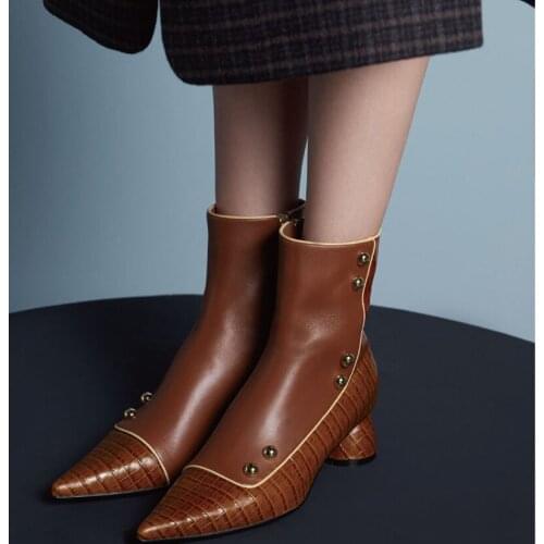 Newest Knitting Wool Multi Button Ankle Boots Shiny Leather Patchwork Pointed Toe Med Heels Ladies Motorcycle Short Bottines