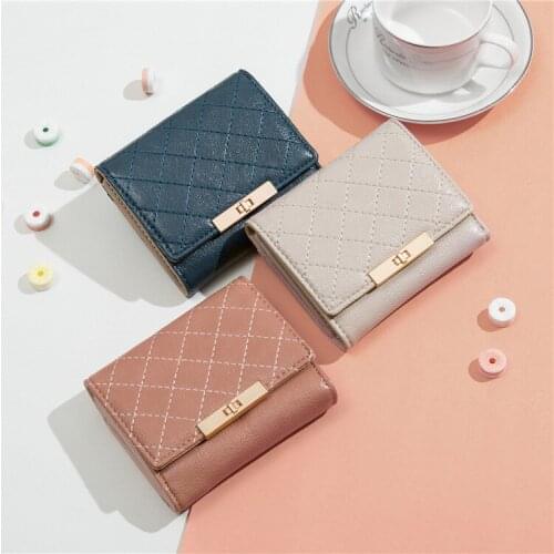 New ladies wallet car line rhombic lock tri-fold short wallet with multi-color Card package