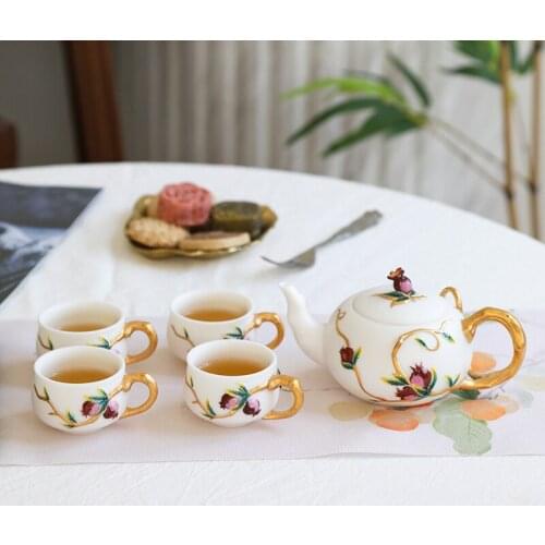 Sheep Fat Jade Husband Tea Set Chinese Home Gift Small Teapot Tea Cup Pomegranate Flower Element Hand Drawn Crafts Give A Gifts