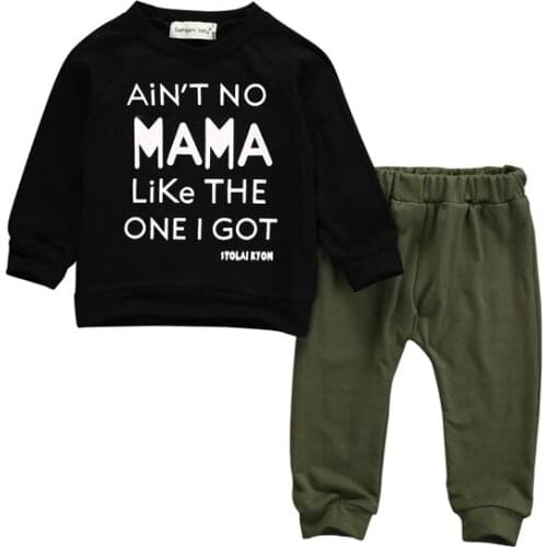 2018 Casual Active 2PCS 0-3Y Infant Baby Boys Long Sleeve O-Neck Pullover Letter Black Shirt Tops Green Pants Outfit Spring Fall