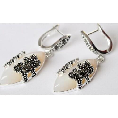 WHITE SHELL MARCASITE FLOWER PIERCING LADYS 925 SILVER JEWELRY EARRING 11/2"