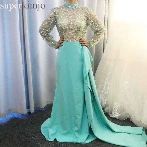 SuperKimJo High Neck Beaded Evening Dresses Long Sleeve 2020 Mermaid Chiffon Elegant Arabic Evening Gown Abiye Gece Elbisesi