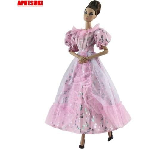 Light Pink Lace Lantern Sleeves Costume Party Gown Dresses for Barbie Doll Clothing for 1/6 BJD Dolls Clothes House Accessories