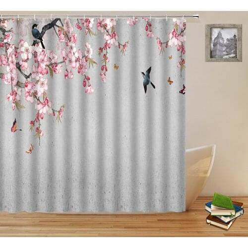 Flowers Birds Shower Curtains Chinese Style Meticulous Painting Landscape Pattern Waterproof Curtain Bathroom Decor With Hooks