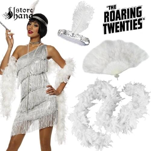 Gatsby Ladies Flapper 20s Charleston Girl Fancy Dress Accessories Headband Feather Boa Hand Fan Flapper Costume Accessories Set