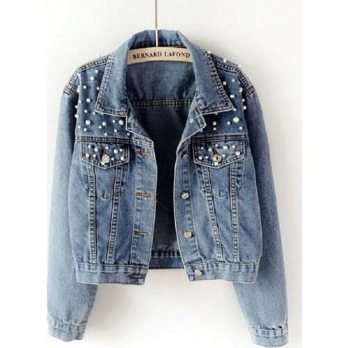 Hot Spring Women Basic Coats Women Denim Jacket Pearls Beading Kpop Jeans Coat Loose Long Sleeve Jackets top 2021 Y1193