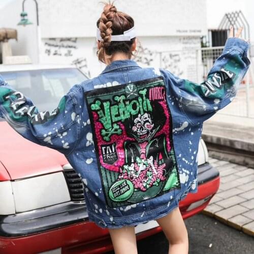 Womens Denim Jacket Chic 2021 Spring Jean Jackets Women Coats Female Graffiti Oversize Jacket Girl Outerwear Blue Y571