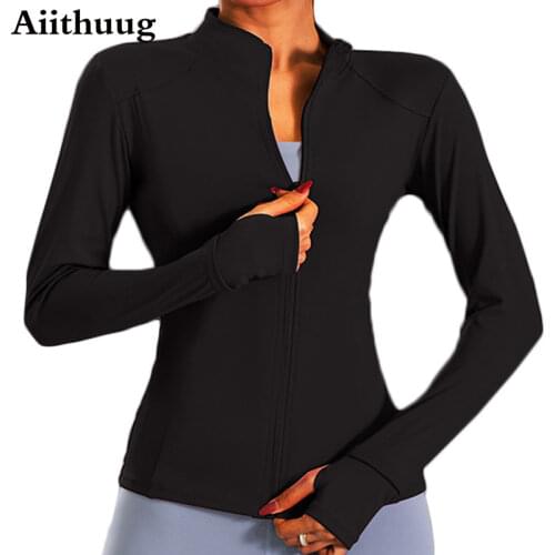 Aiithuug Womens Long Sleeves Sports Running Shirt Breathable Gym Workout Top Womens Yoga Jackets with Zipper with Finger Holes