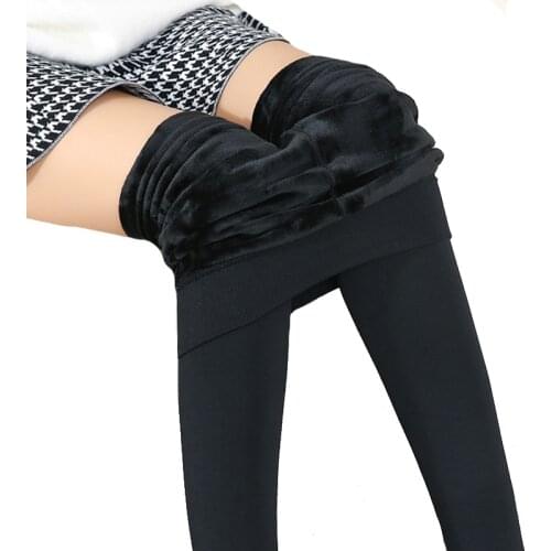 CUHAKCI Women Velvet Pants Winter Leggings Warm Solid Knitted Thick Elastic Black High Waist Female Black Navy