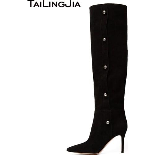 Womens Pointed Toe High Heel Black Over The Knee Boots Large Size Fashion Autumn Winter 2018 Ladies Long Pointy Faux Suede Boots