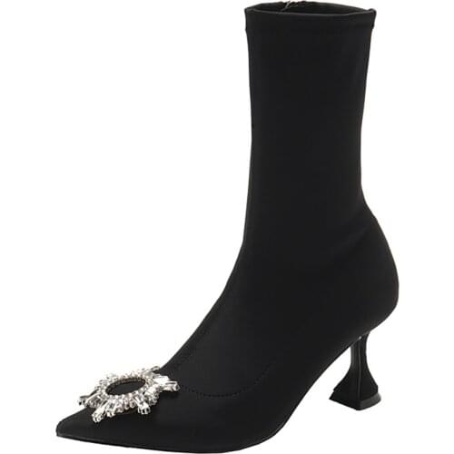 Pointed Toe Mid Calf Autumn Boots Women Rhinestone Decoration High Heels Ladies Shoes Plus Size 42 Black Sock Boots Winter