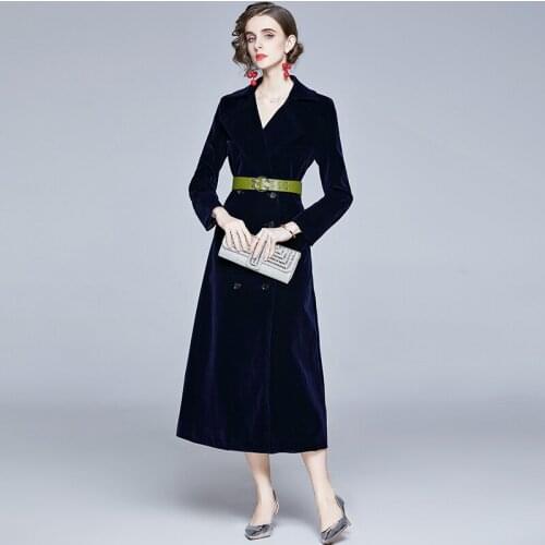 BLLOCUE 2020 Autumn Women New Runway Fashion Lapel Double Breasted Velvet Elegant Long Jacket Coat Belt Waist