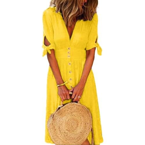 Yellow Dresses Women Fashion Solid Color Deep V Neck Tied Half Sleeve Button Party Long Dress ladies Button Party Long Dress