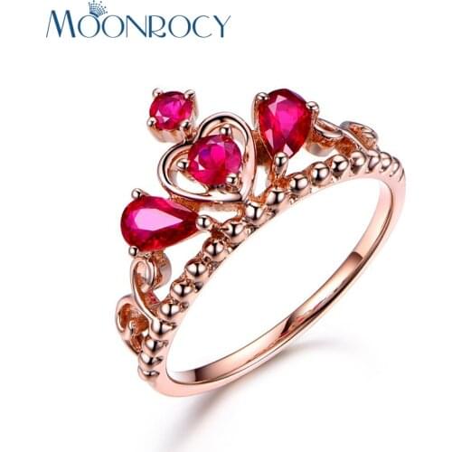 MOONROCY Crystal Ring Crown Rose Gold Color CZ Party Red Ring Wedding Jewelry for Women Girls Gift Drop Shipping Wholesale