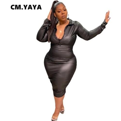 CM.YAYA Women Plus Size Dress PU Faux Leather Zip Full Sleeve Stand Collar Stretchy Bodycon Dresses Fashion Vestidos Autumn 2021