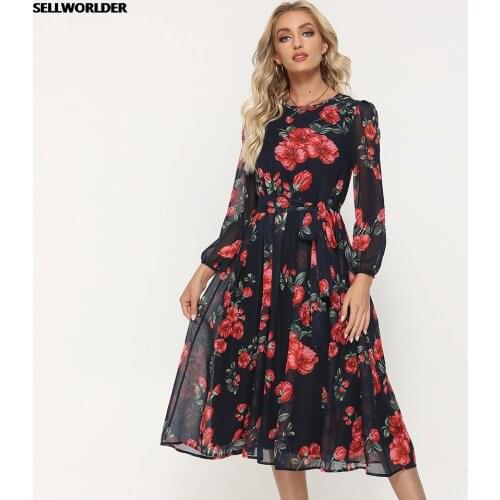 2021 Woman New Summer Office Lady Red Floral Print Bohemia style Elastic Waist A line Dress