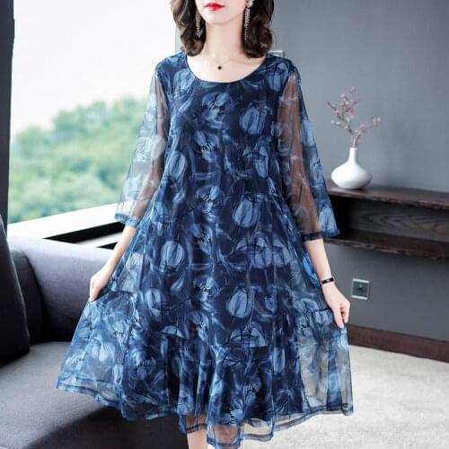 2021 Elegant Printed 3/4 Sleeve Summer Dress Casual O Neck Mesh Women Midi Plus Size Runway Dress Vintage Party Vestidos Y887