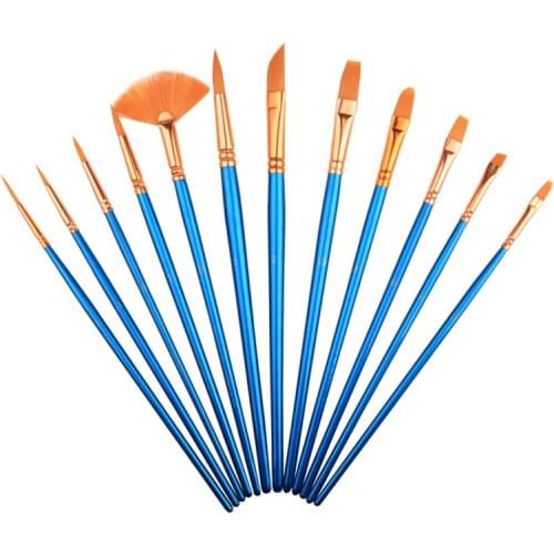 12Pcs/Set Watercolor Gouache Paint Brushes Different Shape Round Pointed Tip Nylon Hair Painting Brush Set Art Supplies