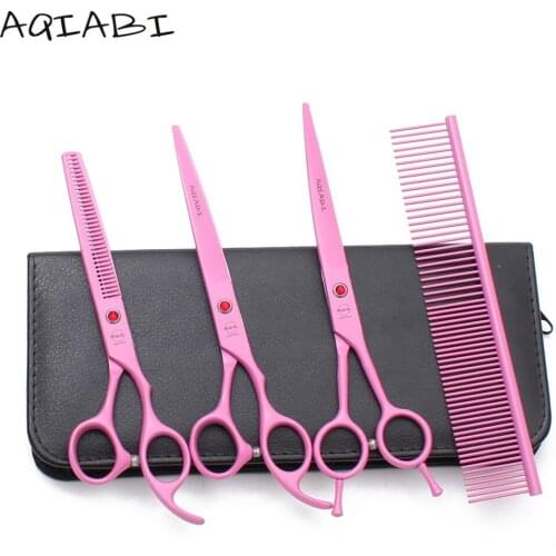 A3102 4Pcs Suit 7" AQIABI Professional Grooming Scissors Straight Scissors Thinning Shears UP Curved Shears Pet Scissors Add Bag
