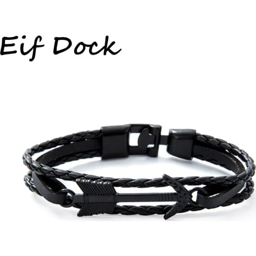 Eif Dock New Fashion Multilayer Black Leather Vintage Bronze Arrow Bracelet Anchor Bracelet for Men Women Party Gifts