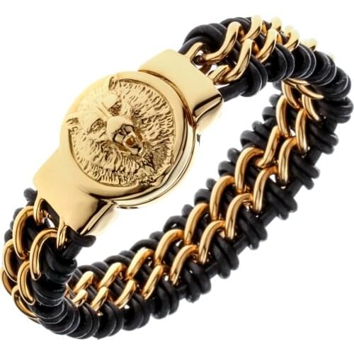 Mens black leather stainless steel gold silver color wolf chain link bracelet heavy jewelry birthday gifts for dad him 9" D073