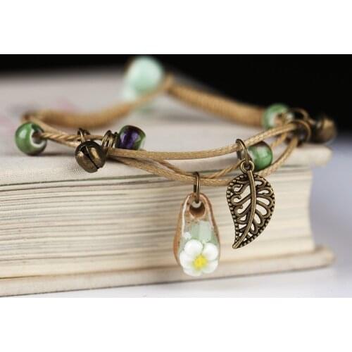 Fashion Delicate Hand-Woven Ceramic Beaded Bracelet Alloy Leaves Pendant Chinese Style Bracelets Jewelry