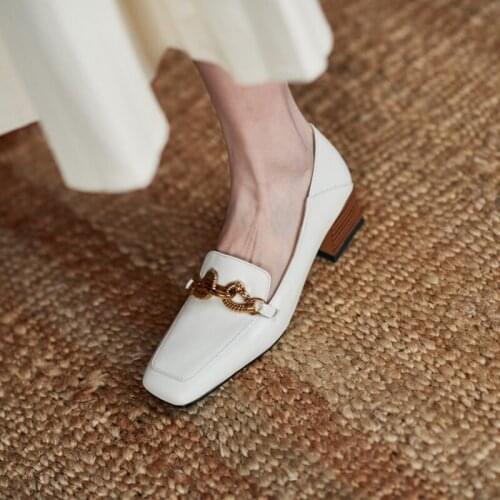 Ochanmeb Brand Metal Chain Big Size 43 Natural Cow Leather Loafers Women Square Wooden Heels Square Toe Beige Black Shoes Woman