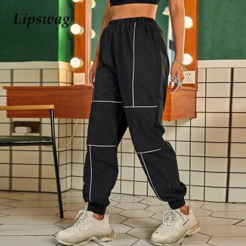 Hip Hop Women High Waist Cargo Pants 2021 Spring Casual Ankle-Tie Reflective Jogger Trousers Female New Fashion Loose Sweatpants