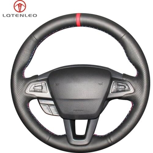 LQTENLEO Black Genuine Leather Steering Wheel Cover For Ford Focus 3 2014-2018 Kuga Escape C-MAX Ecosport 2015-2019 Eco sport