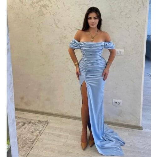 Elegant Long Off Shoulder Light Blue Evening Dresses with Slit Satin Floor Length Abendkleid Formal Party Gown for Women
