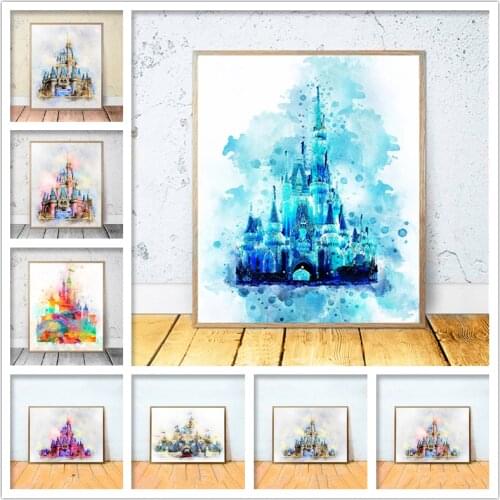 Disney Watercolor Magic Castle Canvas Paintings Princess Castle Buildings Posters and Prints Nursery Wall Art Picture Home Decor