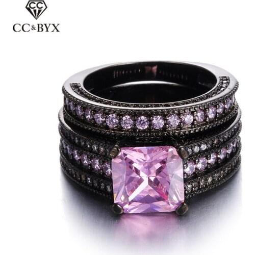 3 Carat Pink CZ Rings For Women 3pcs/set Black Gold color Engagement Jewelry Ring Bijoux Fashion Accessories Sale CC116