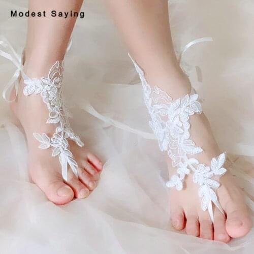 Cute Ivory Applique Lace Wedding Barefoot Sandals 2021 Bridal Dance Anklet Shoes With Toe Sandbeach Bridesmaid Foot Jewelry