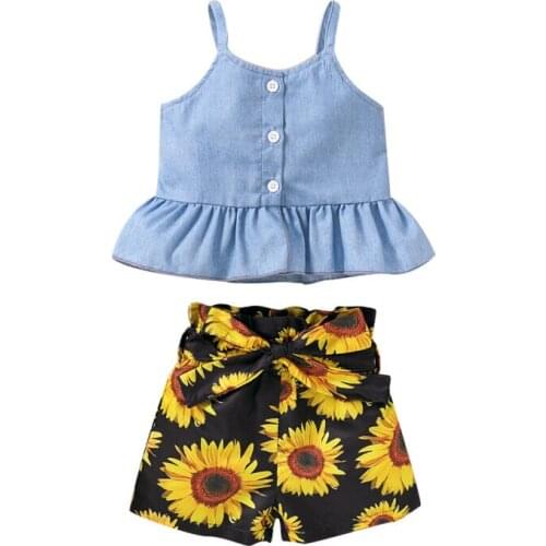 Fashion Summer Kid Baby Girl Floral Outfit Clothes Sleeveless Button Solid Tank Tops+Flower Shorts 2PCS Set