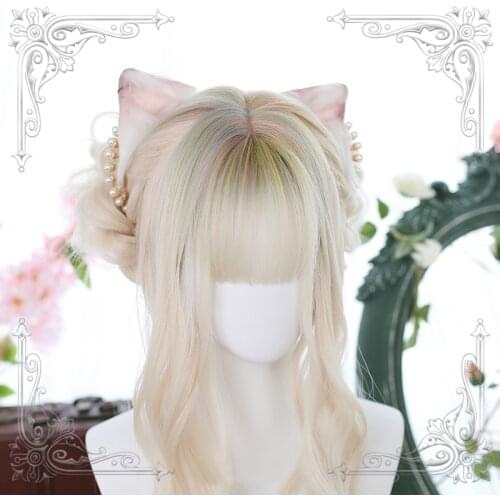 Mixed Colors Top Beige Lolita Wig Harajuku Fairy Cosplay Bangs Long Curly Sweet Fringe Adult Girls Synthetic Hair