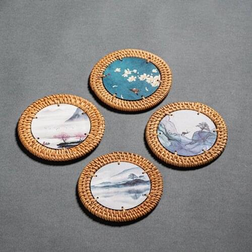 Vietnamese Rattan Coaster Anti Scalding Mat Printed Rattan Bowl Plate Pad Coffee Coaster Handmade Kitchen Table Decor Supplies