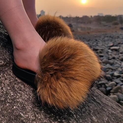 Wholesale Summer Luxury Women Fox Fur Slippers Ladies Fashion Plush Slides Female Furry Fluffy Soft Shoes Girls Cute Flip Flops