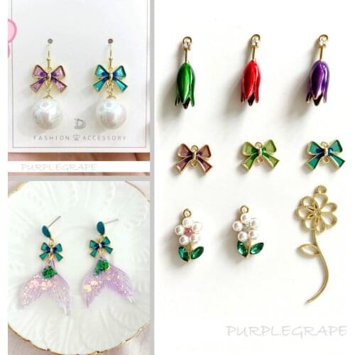 4pcs Homemade Handmade DIY Earrings Ear Pendant Ear Stud Material Girls Heart All-match Alloy Accessory Bow Flower Pendant