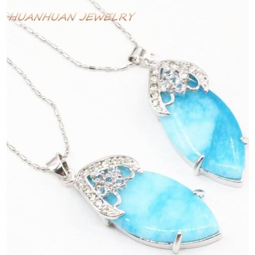 Silver-color Stainless Steel Chain Necklaces & Pendant For Women Natural Blue Stone Jades Pendants 18x45mm Zircon Jewelry B3321