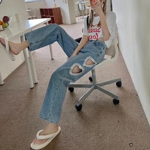 Light Blue Denim Trousers, Retro Wide-Leg Pants, WomenS Ripped Pants, High-Waist Street Jeans, WomenS Autumn 2021 Clothing