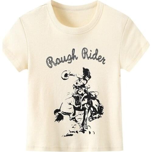 Slim Girls Soft Cotton O Neck 2021 Summer Fashion Ladies Office Women American Retro Vintage Horse Riding Print T-shirt Top