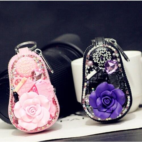 Universal Car Key Case Leather Rose Flower Shiny Rhinestone Inlaid Key Case Women Car Key Case Protection Cover Car Accessories